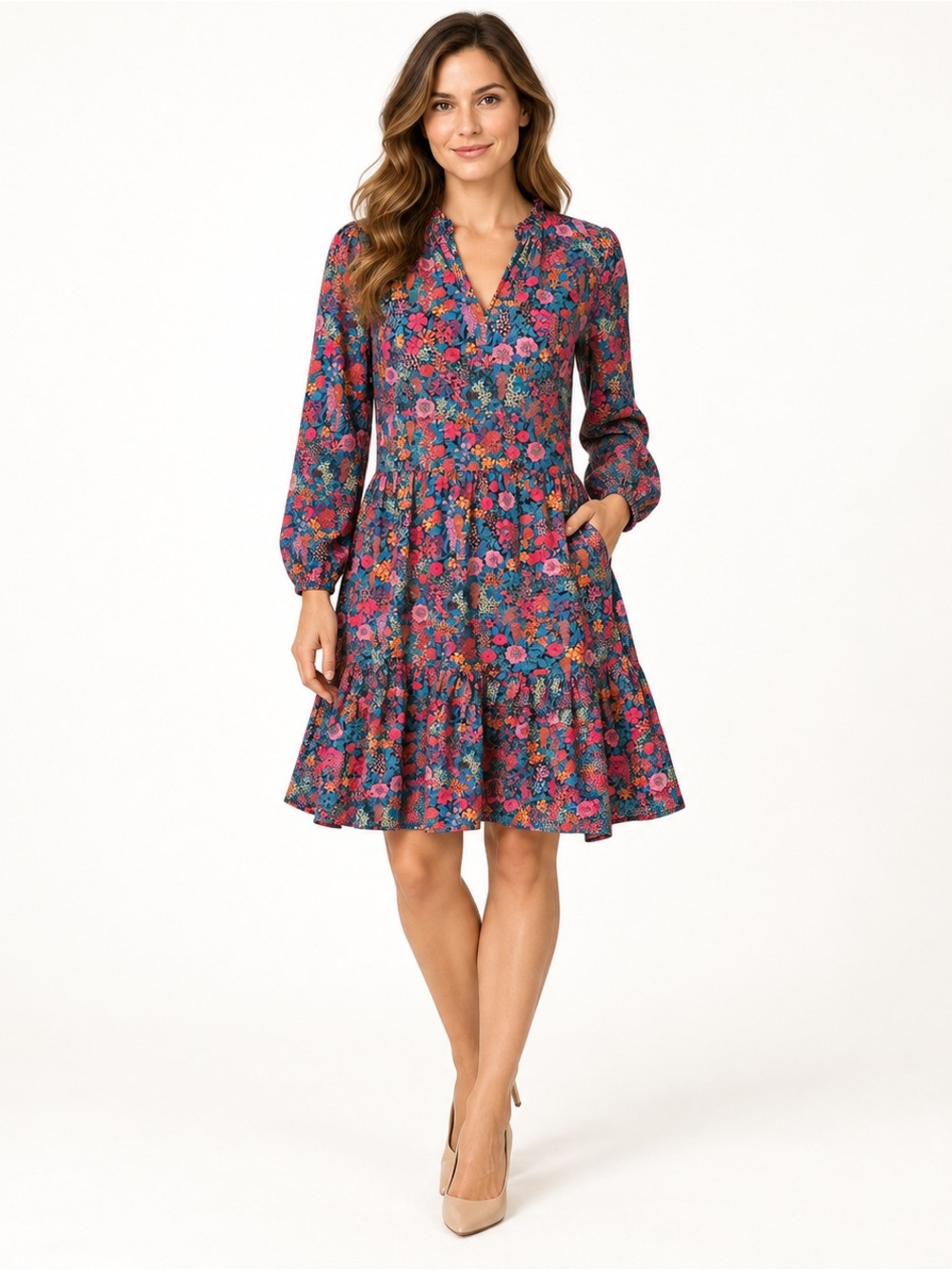 J Crew Liberty London Tiered Floral Cotton Popover Dress Pockets Medium M AR594